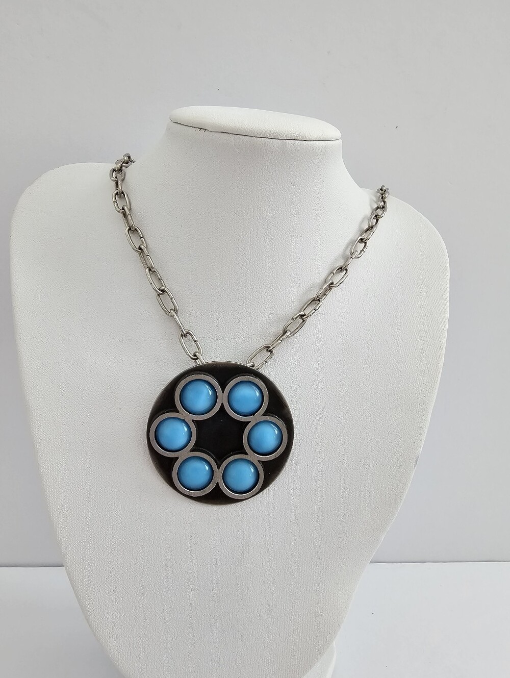 Vintage Bent Larsen Denmark Pewter Pendant Necklace Blue Cabochon Modernist 1970